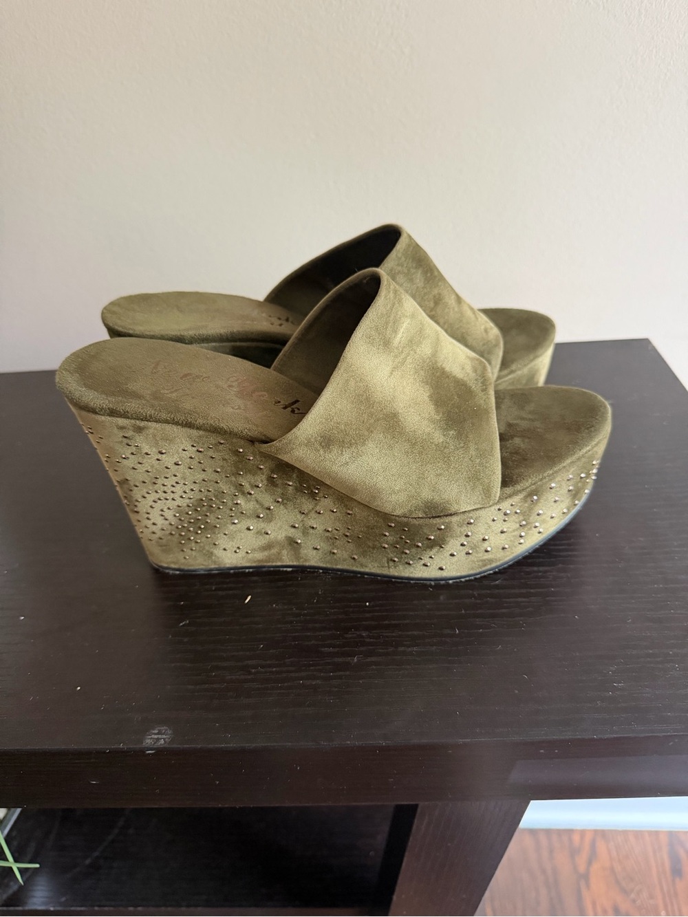 New York Transit Olive Suede Wedge Slide Sandals